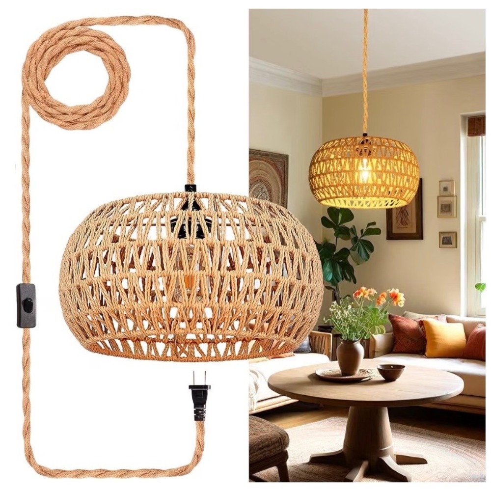 Eqquorva Rattan Plug In Pendant Light Boho Hanging Lamp 16.4ft Hemp Cord Cottage